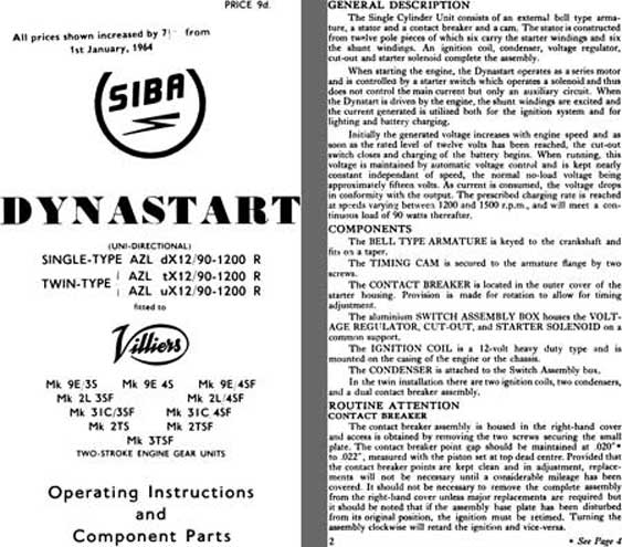 SIBA Dynastart 1964 - SIBA Dynastart Operating Instructions and Component Parts