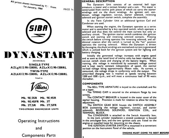 SIBA Dynastart 1964 - SIBA Dynastart Operating Instructions and Component Parts Single & Double Type