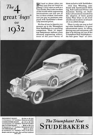 Studebaker 1932 - Studebaker Ad - The 4 great buys of 1932 - The Triumphant New Studebakers