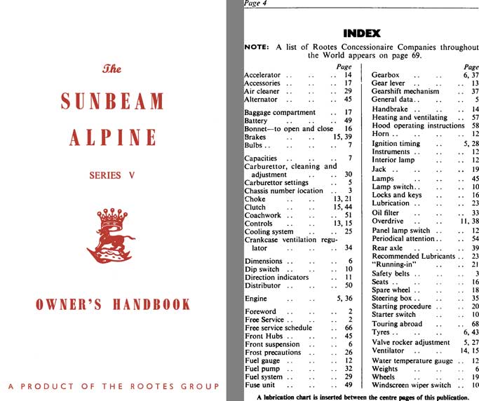 Sunbeam Alpine Series V Owners Handbook c1965