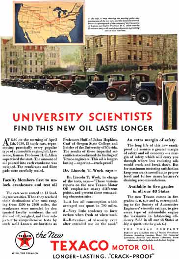 Texaco Motor Oil 1930 - Texaco Ad - University Scientists Find This New Oil Lasts Longer