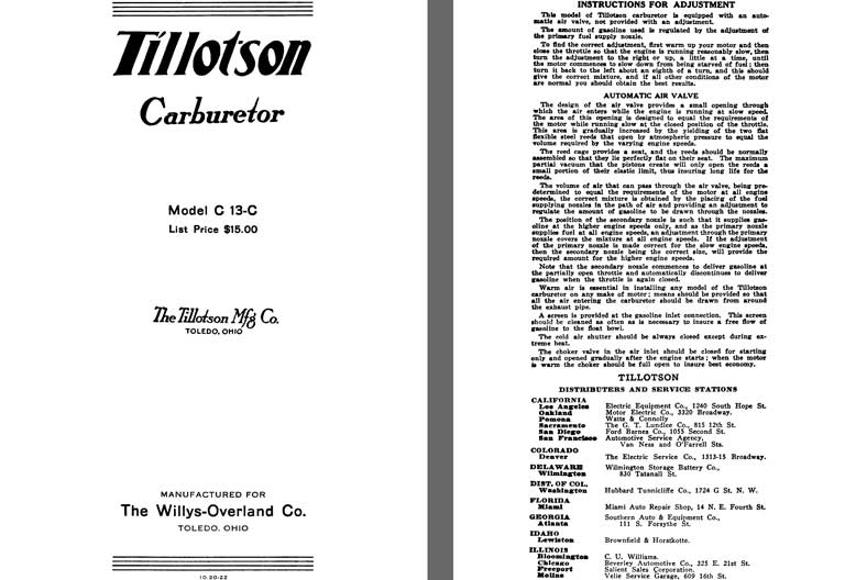 Tillotson 1925 - Tillotson Carburetor Model C 13-C (Mfg for Willys Overland Co)