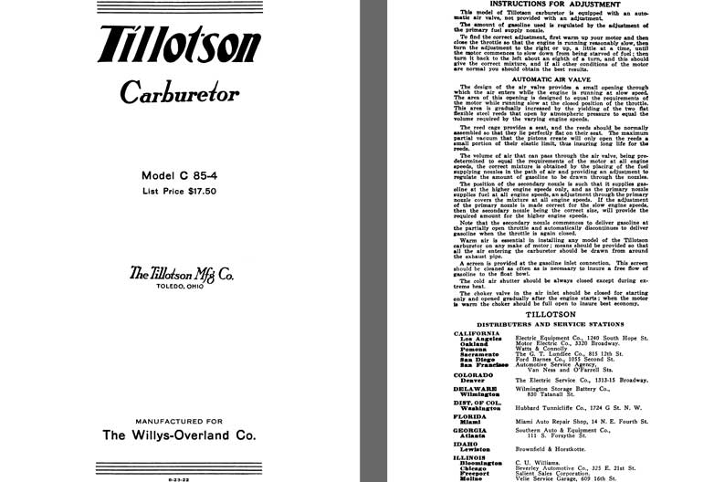 Tillotson 1925 - Tillotson Carburetor Model C 85-4 (Mfg for Willys Overland Co)