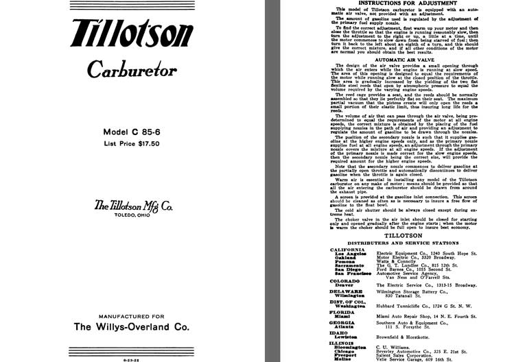Tillotson 1925 - Tillotson Carburetor Model C 85-6 (Mfg for Willys Overland Co)