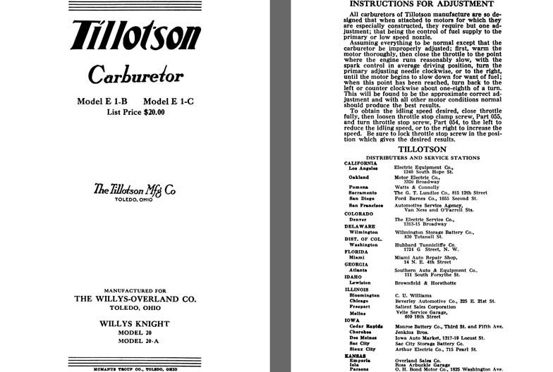 Tillotson 1925 - Tillotson Carburetor Model E 1-B & Model E 1-C (Mfg for Willys Overland Co)