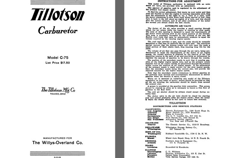 Tillotson 1925 - Tillotson Carburetor Model C-75 (Mfg for Willys Overland Co)