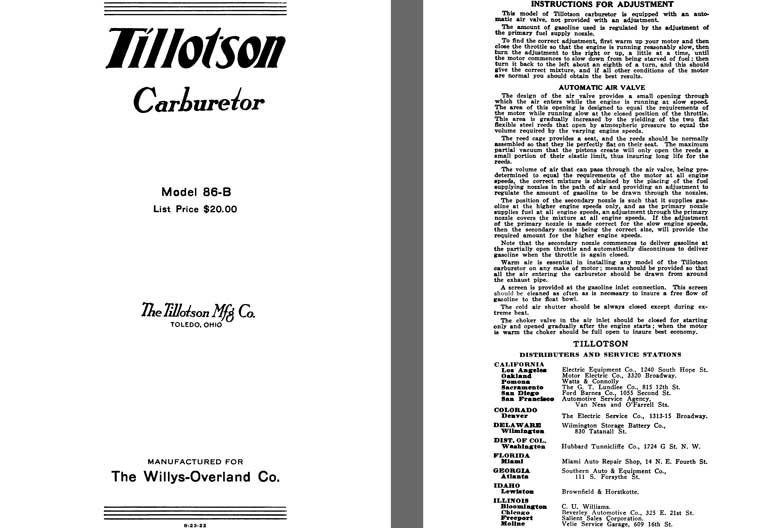 Tillotson 1925 - Tillotson Carburetor Model 86-B (Mfg for Willys Overland Co)