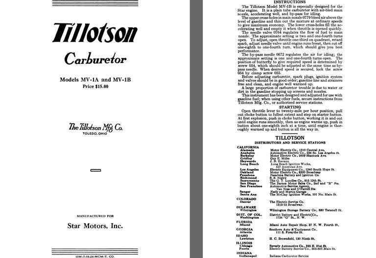 Tillotson 1925 - Tillotson Carburetor Models MV-1A & MV-1B (Mfg for Star Motors, Inc.)