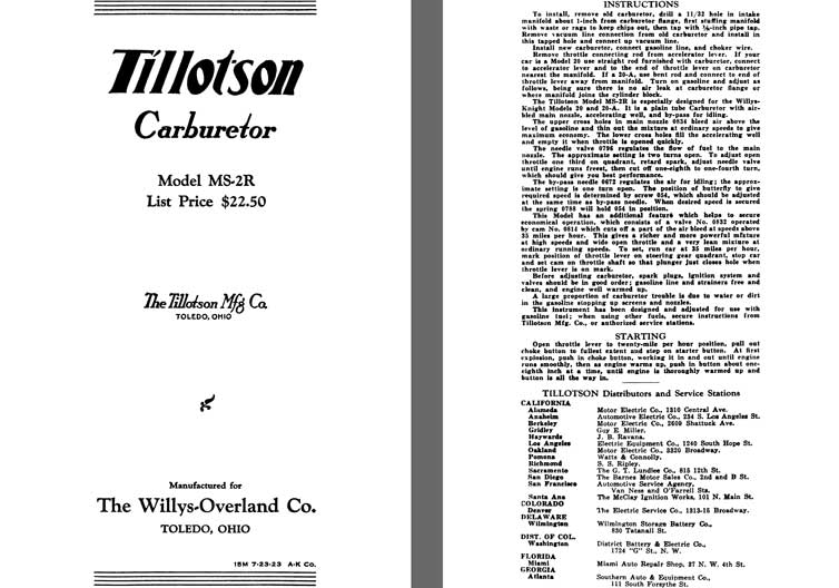 Tillotson 1925 - Tillotson Carburetor Model MS-2R (Mfg for Willys Overland Co)