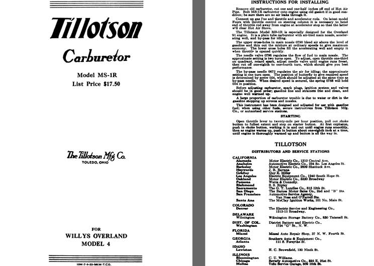 Tillotson 1925 - Tillotson Carburetor Model MS-1R (Mfg for Willys Overland Co)