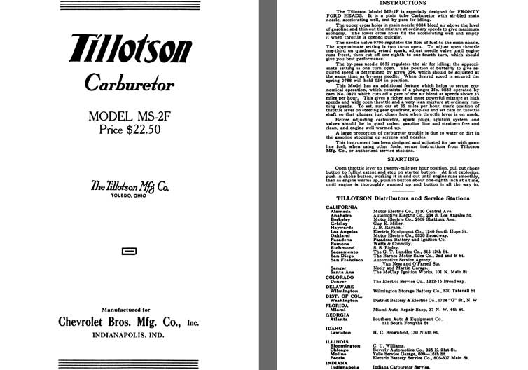 Tillotson 1925 - Tillotson Carburetor Model MS-2F (Mfg for Chevrolet Bros. Mfg Co Inc)