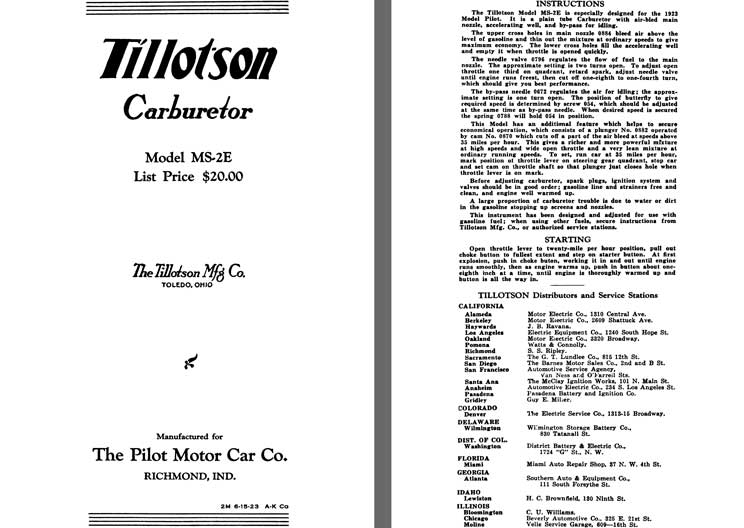Tillotson 1925 - Tillotson Carburetor Model MS-2E (Mfg for Pilot Motor Car Co)