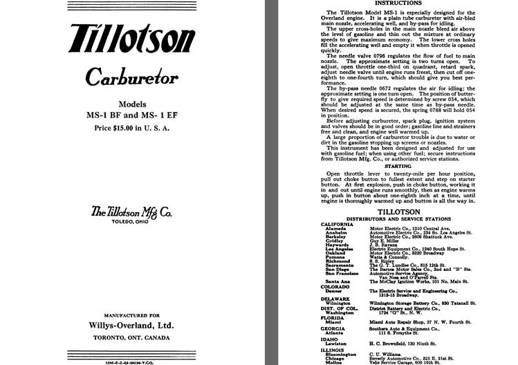 Tillotson 1925 - Tillotson Carburetor Models MS-1BF & MS-1EF (Mfg for Willys Overland Co)