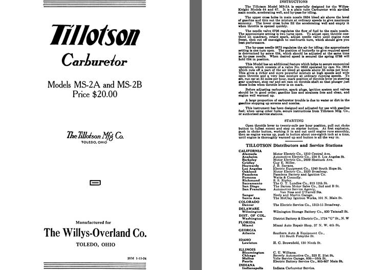 Tillotson 1925 - Tillotson Carburetor Models MS-2A & MS-2B (Mfg for Willys Overland Co)