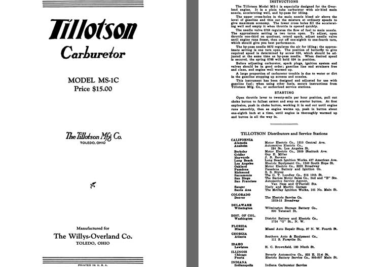 Tillotson 1925 - Tillotson Carburetor Model MS-1C (Mfg for Willys Overland Co)