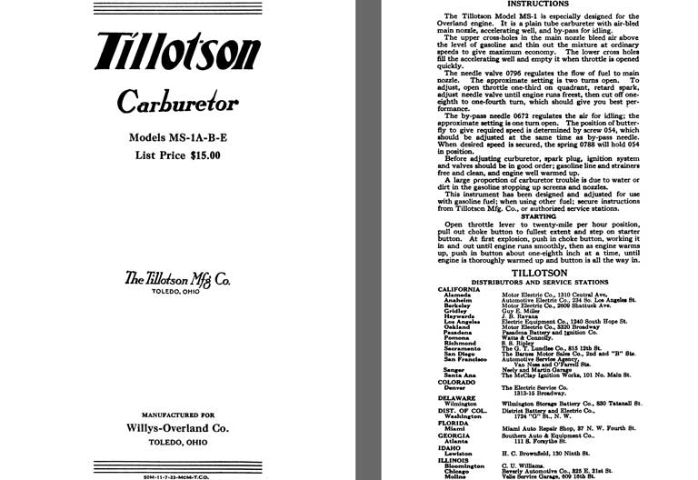 Tillotson 1925 - Tillotson Carburetor Models MS-1A& MS-1B & MS-1E (Mfg for Willys Overland Co)