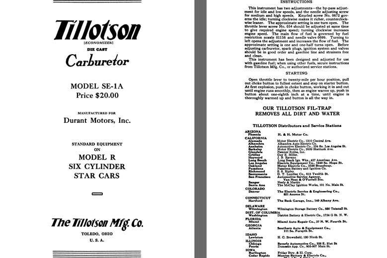 Tillotson 1926 - Tillotson Carburetor Model SE-1A (Mfg for Durant Motors, Inc.)