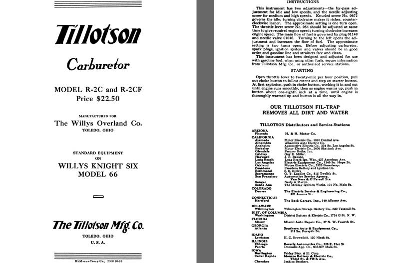 Tillotson 1926 - Tillotson Carburetor Model R-2C & R-2CF  (Mfg for Willys Overland Co.)