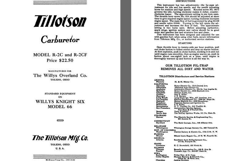 Tillotson 1926 - Tillotson Carburetor Model R-2C & R-2CF  (Mfg for Willys Overland Co.)