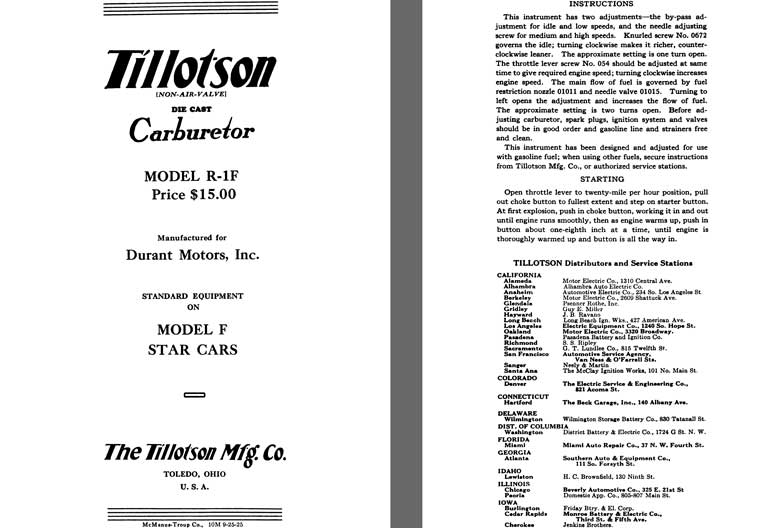 Tillotson 1926 - Tillotson Carburetor Model R-1F (Mfg for Durant Motors, Inc.)