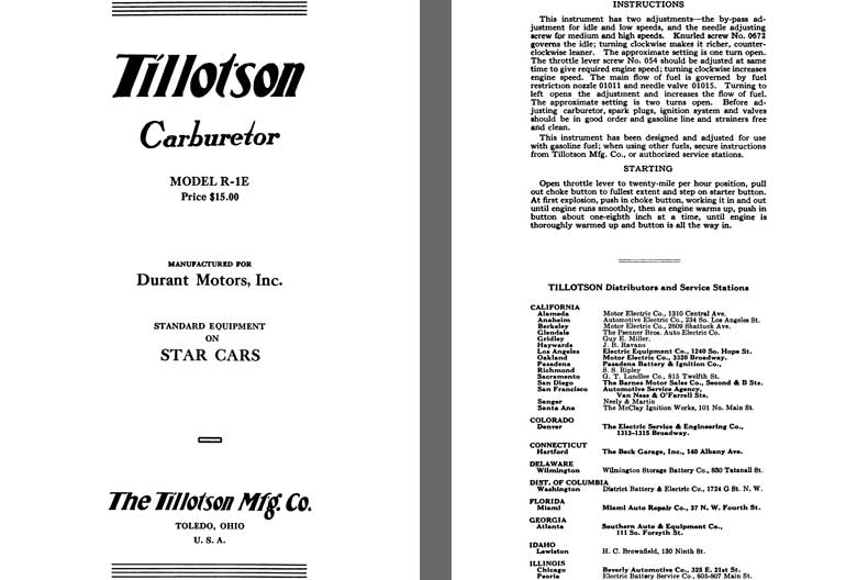 Tillotson 1926 - Tillotson Carburetor Model R-1E (Mfg for Durant Motors, Inc.)