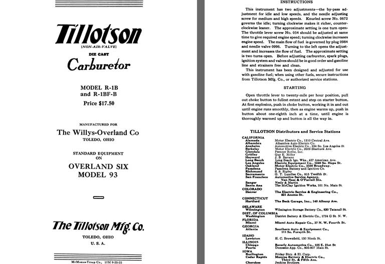 Tillotson 1926 - Tillotson Carburetor Model R-1B & R-1BF-B (Mfg for Willys Overland Co)