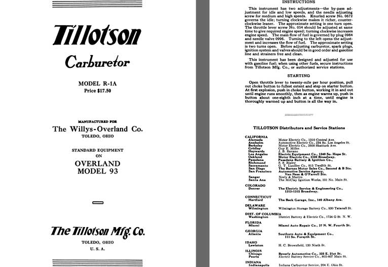 Tillotson 1926 - Tillotson Carburetor Model R-1A (Mfg for Willys Overland Co)