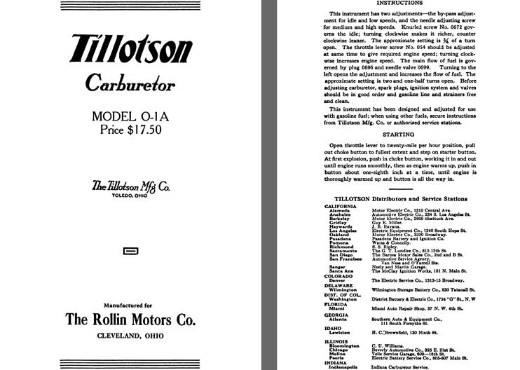 Tillotson 1926 - Tillotson Carburetor Model O-1A (Mfg for Rollin Motors Co)