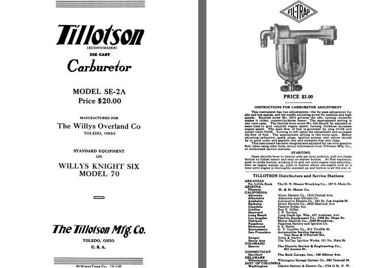 Tillotson 1926 - Tillotson Carburetor Model SE-2A (Mfg for Willys Overland Co)