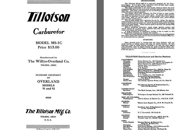 Tillotson 1926 - Tillotson Carburetor Model MS-1C (Mfg for Willys Overland Co)