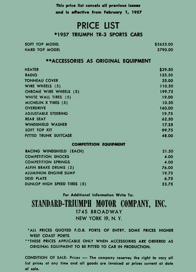 Triumph TR3 1957 Price List