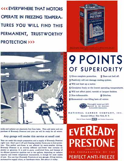 Union Carbide 1929 - Eveready Prestone Ad - Everywhere that Motors Operate in Freezing Temperatures