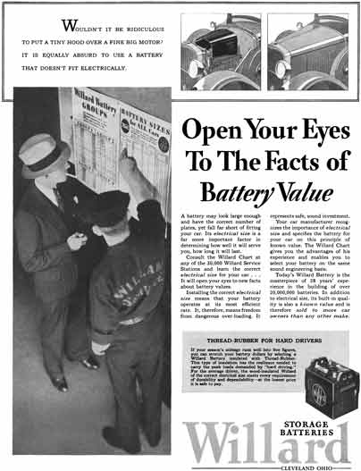 Willard 1929 - Willard Storage Batteries Ad - Open Your Eyes To The Facts of Battery Value