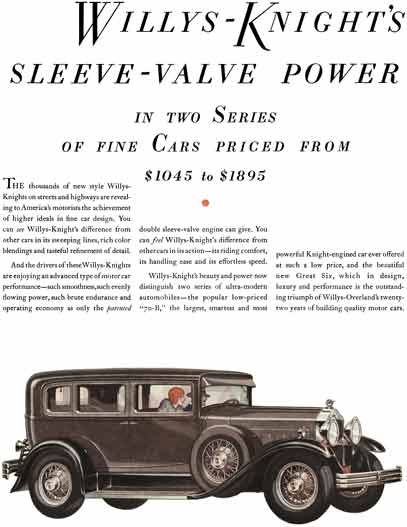 Willys-Knight 1929 - Wills-Knight Ad - Willys-Knight's Sleeve-Valve Power in Two Series of Fine Cars