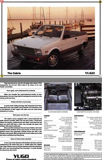 Yugo 1990 - The Cabrio - Yugo Spec Sheet